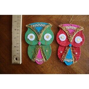 Vintage Lot Of 2 1960’s Handmade Fabric Owl Ornaments Large 4.75" Red Green